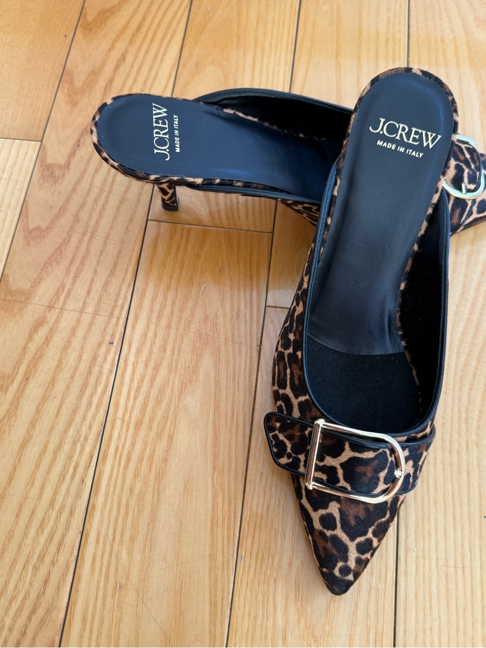 J.Crew Leopard-Print Pointed Mules with Gold Buckle - Picture 2 of 5